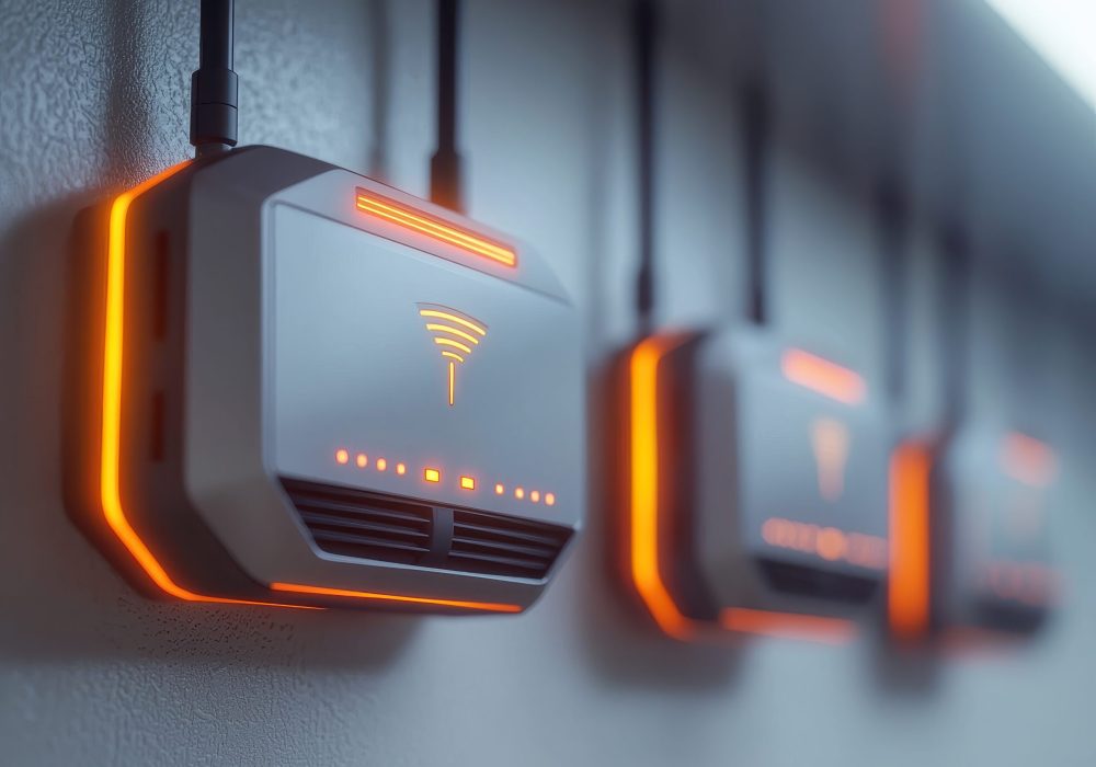 A row of modern Wi-Fi routers with glowing orange lights, mounted on a wall, showcasing a sleek and high-tech design. mesh network